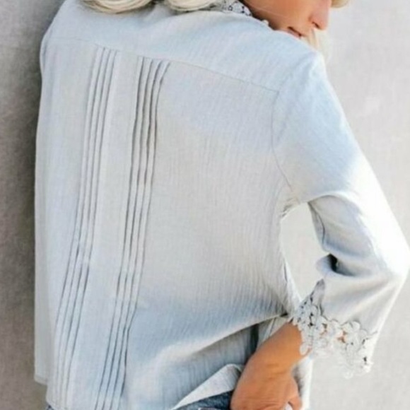 Gray Bohemian Lace Crochet Button Front Blouse - Picture 2 of 5
